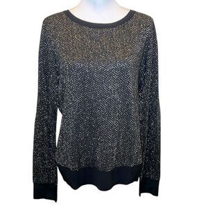 Ann Taylor Pullover Sweater Metallic Shimmer Crewneck Black Long Sleeve L